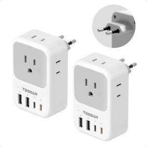 TESSAN European Travel Plug Adapter 2 Pack, PD 20W Adapter for Europe Plug with 4 AC Outlets 4 USB (2 USB C), Type C Adaptor for US to Europe, Italy, Spain, France, Portugal, Greece, Iceland, Germany