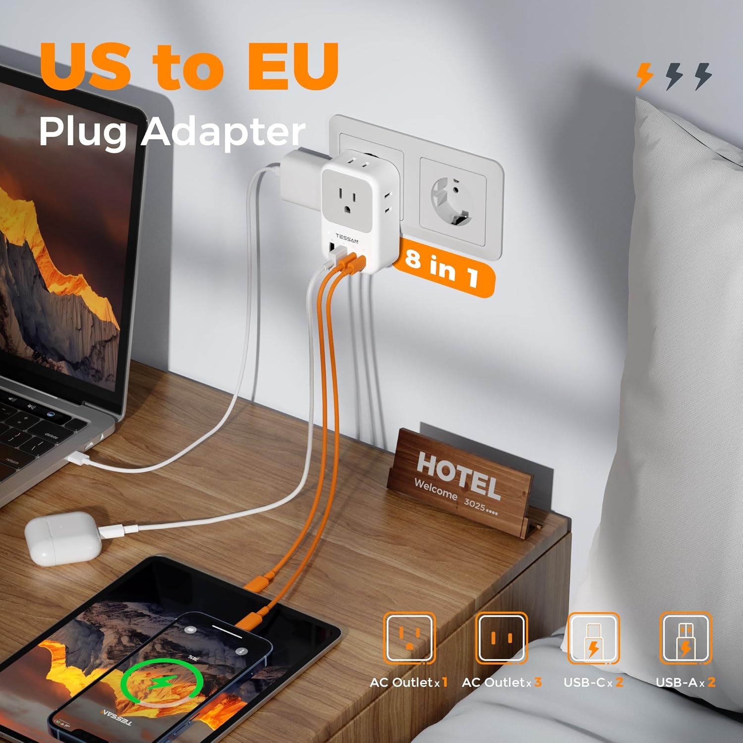 TESSAN European Travel Plug Adapter 2 Pack, PD 20W Adapter for Europe Plug with 4 AC Outlets 4 USB (2 USB C), Type C Adaptor for US to Europe, Italy, Spain, France, Portugal, Greece, Iceland, Germany - Image 2