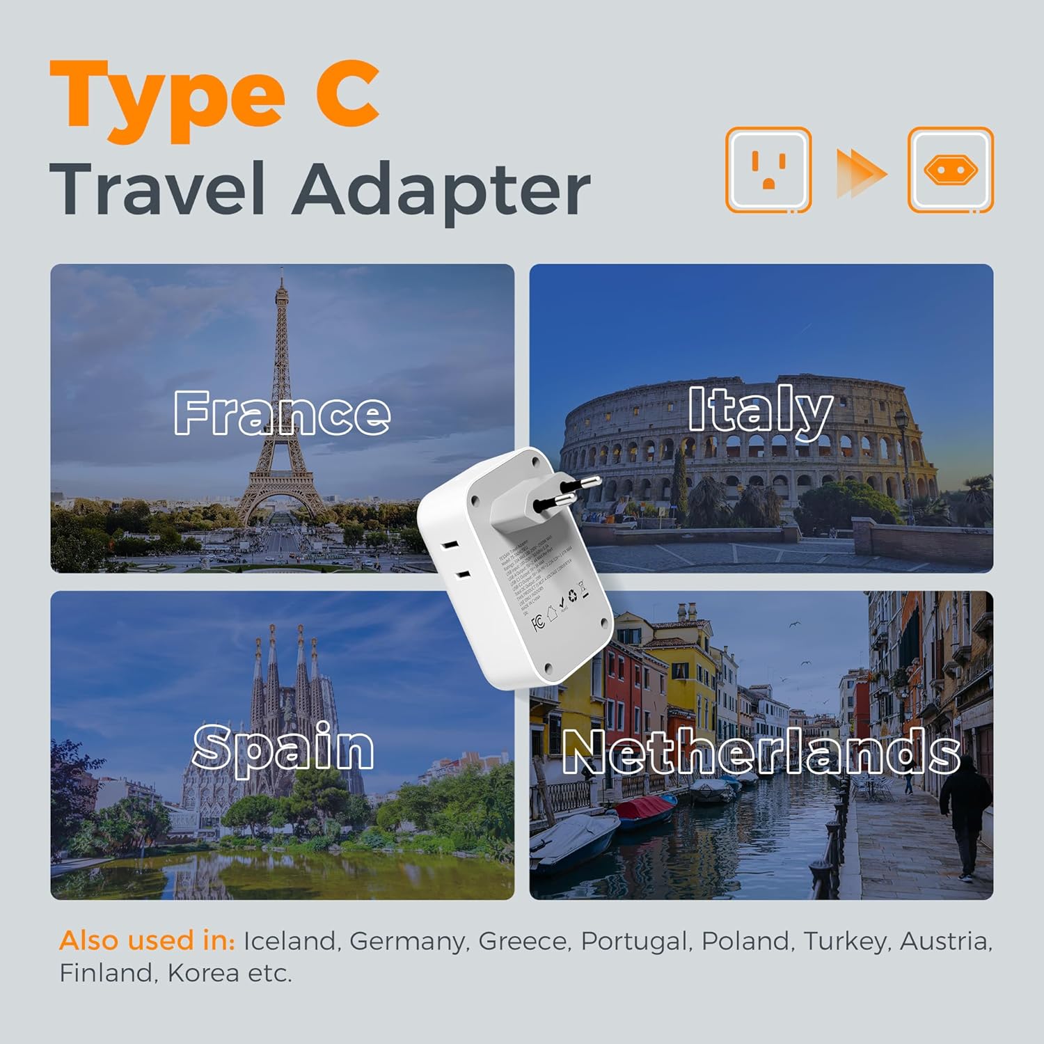 TESSAN European Travel Plug Adapter 2 Pack, PD 20W Adapter for Europe Plug with 4 AC Outlets 4 USB (2 USB C), Type C Adaptor for US to Europe, Italy, Spain, France, Portugal, Greece, Iceland, Germany - Image 4