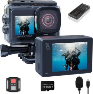 Apexcam X80PRO Dual Screen Action Cam 4K60FPS 8X Zoom EIS 48MP with 64GB Card Ultra HD WiFi Sports Camera, Underwater Camera 2.4G Remote Control, 2X Batteries for Snorkel, Travel, Motorcycle, Bicycle